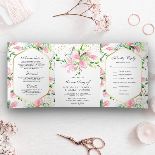 Pink Magnolia Spring Floral all in one Wedding Drieluik Uitnodiging