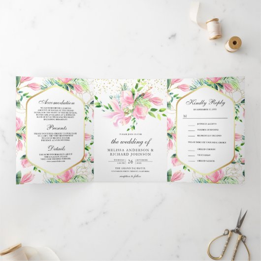 Pink Magnolia Spring Floral all in one Wedding Drieluik Uitnodiging (Binnen)