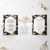 Pink Magnolia Spring Floral Black Wedding Drieluik Uitnodiging (Binnen)