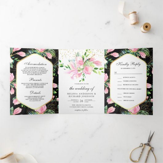 Pink Magnolia Spring Floral Black Wedding Drieluik Uitnodiging (Binnen)