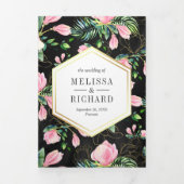 Pink Magnolia Spring Floral Black Wedding Drieluik Uitnodiging (Cover)
