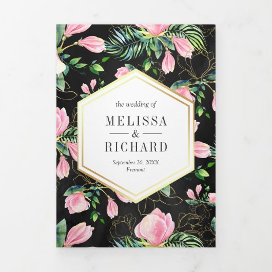 Pink Magnolia Spring Floral Black Wedding Drieluik Uitnodiging (Cover)