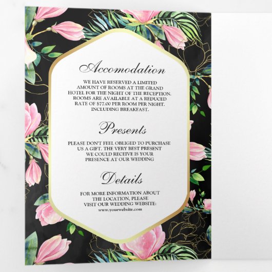 Pink Magnolia Spring Floral Black Wedding Drieluik Uitnodiging (Binnenzijde eerst)