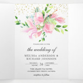 Pink Magnolia Spring Floral Black Wedding Drieluik Uitnodiging (Binnenkant midden)