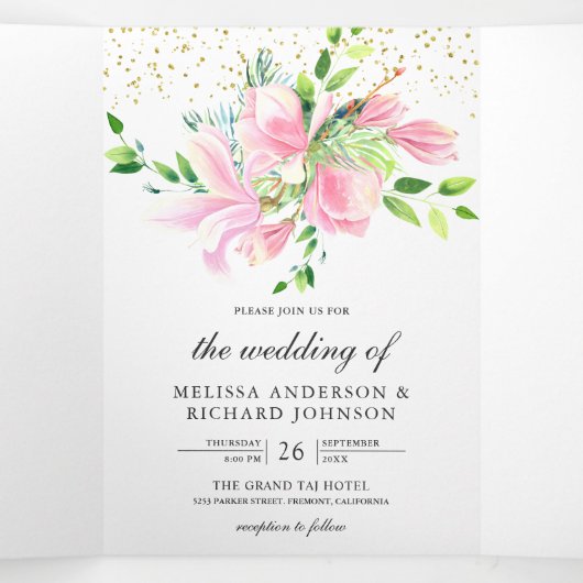 Pink Magnolia Spring Floral Black Wedding Drieluik Uitnodiging (Binnenkant midden)