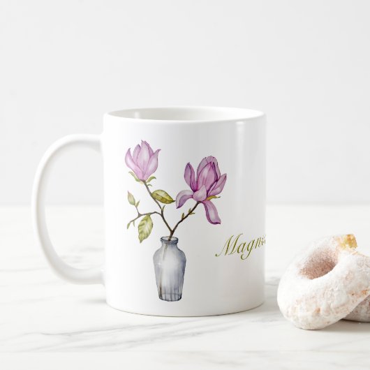 Pink Magnolia Watercolor Botanical Koffiemok (Met donut)