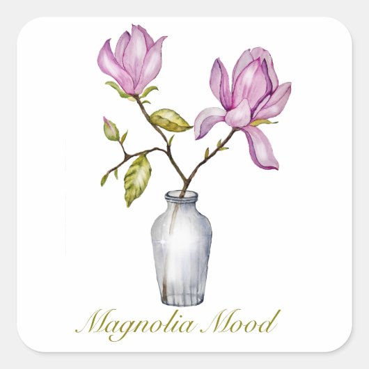 Pink Magnolia Watercolor Botanical Vierkante Sticker (Voorkant)