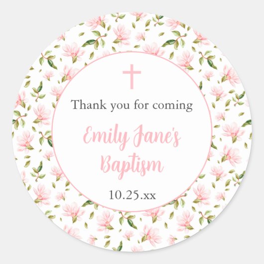 Pink Magnolias girl baptism thank you sticker (Voorkant)