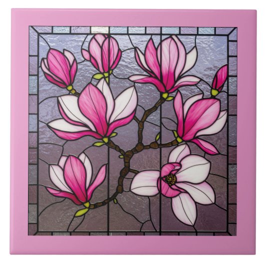 Pink Magnolias Glas in lood Illusion Tegeltje (Voorkant)