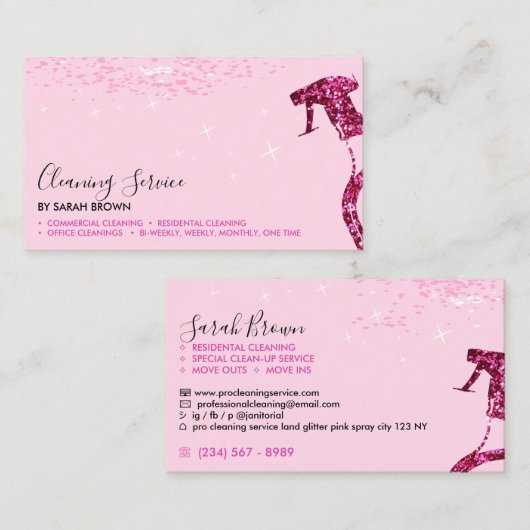 Pink Maid Cleaning Spray Sparkle Janitorial Visitekaartje (Voorkant / Achterkant)