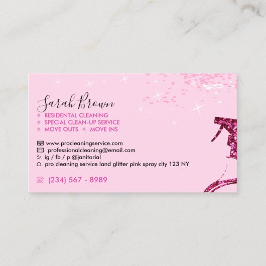 Pink Maid Cleaning Spray Sparkle Janitorial Visitekaartje (Achterkant)