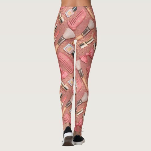 Pink Makeup Cosmetics Pattern Glitter Leggings (Achterkant)
