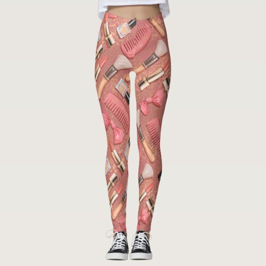Pink Makeup Cosmetics Pattern Glitter Leggings (Voorkant)