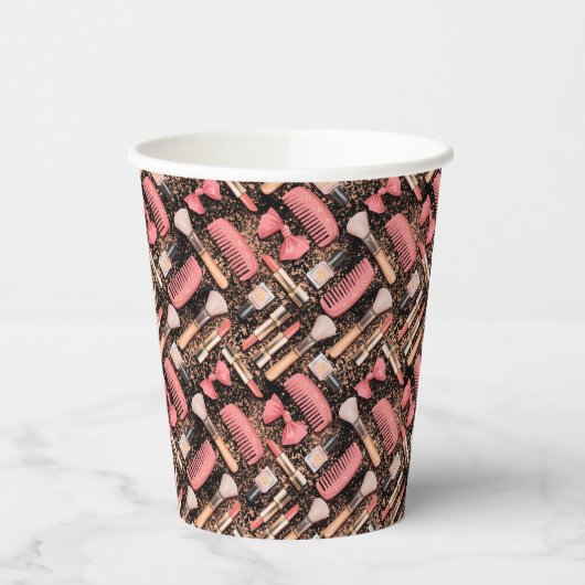 Pink Makeup Cosmetics Pattern Glitter Papieren Bekers (Links)