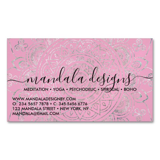 Pink Mandala Floral Script Magnetisch Visitekaartje (Voorkant)
