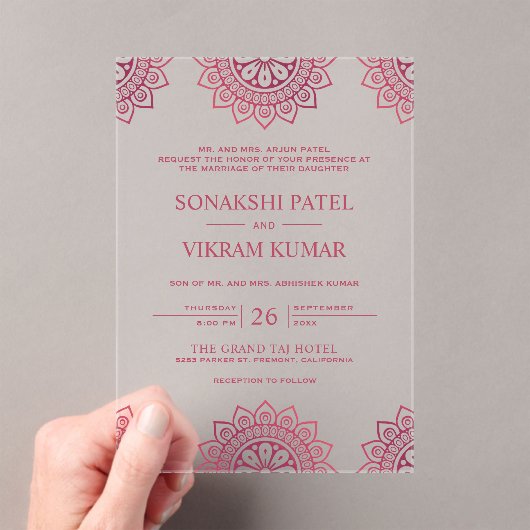 Pink Mandala Indian Wedding Acryl Uitnodigingen (Insitu (Draagbaar))