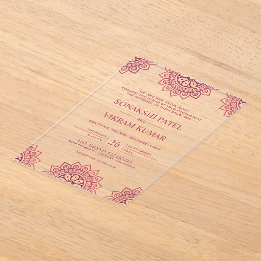 Pink Mandala Indian Wedding Acryl Uitnodigingen (Laagn)