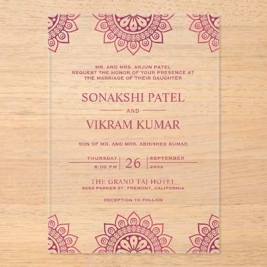Pink Mandala Indian Wedding Acryl Uitnodigingen (Voorkant)