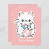 Pink Maneki Neko Birthday Party Kaart (Voorkant / Achterkant)