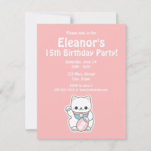 Pink Maneki Neko Birthday Party Kaart