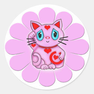 Pink Maneki Neko Lucky Becelling Cat Ronde Sticker