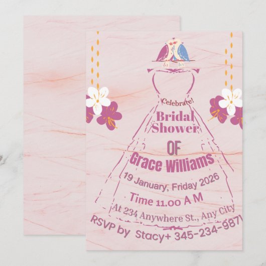 Pink Marble Bridal Gown Shower Invitation | Grace Kaart (Voorkant / Achterkant)