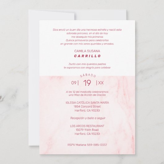 Pink Marble Effect Romantic Photo Quinceañerank Kaart (Achterkant)