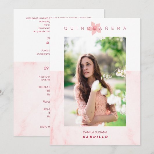 Pink Marble Effect Romantic Photo Quinceañerank Kaart (Voorkant / Achterkant)