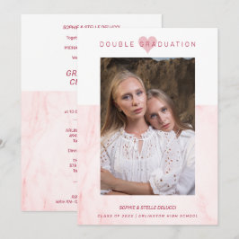 Pink Marble Effect Romantic Photo Twins Graduation Kaart