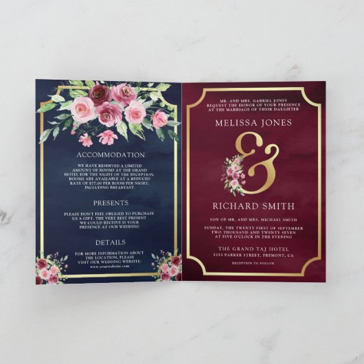 Pink Marsala Floral Ampersand Navy QR Code Wedding (Binnen)