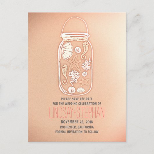 Pink Mason Jar Beach Wedding Bewaar de datum Aankondigingskaart (Voorkant)