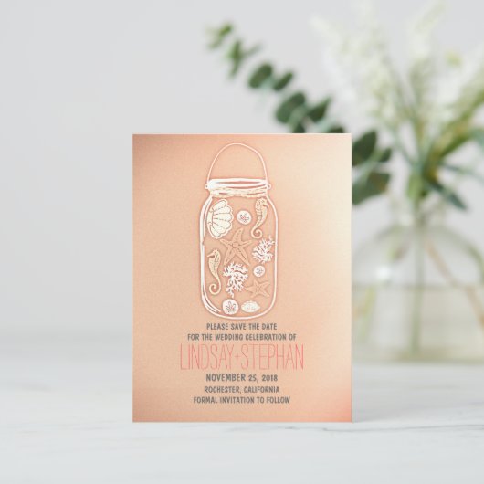 Pink Mason Jar Beach Wedding Bewaar de datum Aankondigingskaart (Staand voorkant)