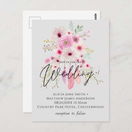 Pink Mauve BOHO Floral Feather Budget Weddenschap Briefkaart (Voorkant / Achterkant)