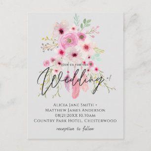Pink Mauve BOHO Floral Feather Budget Weddenschap Briefkaart