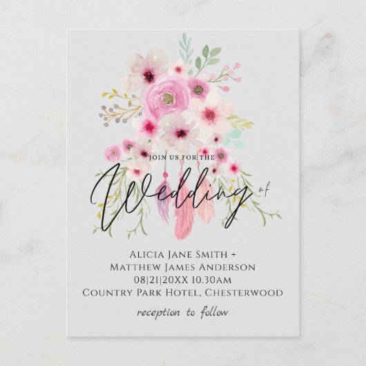 Pink Mauve BOHO Floral Feather Budget Weddenschap Briefkaart (Voorkant)