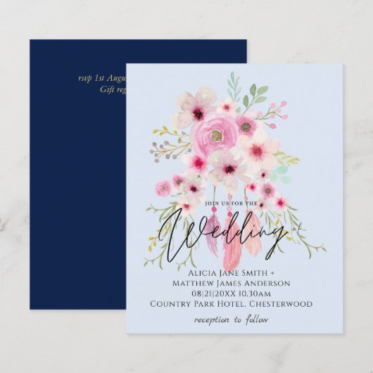 Pink Mauve BOHO Floral Feather Wedding Invitation (Voorkant / Achterkant)