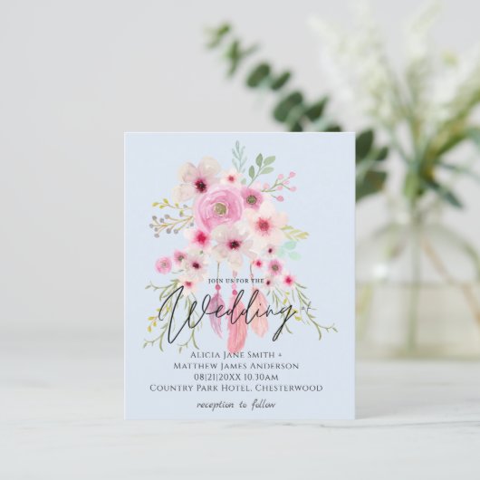 Pink Mauve BOHO Floral Feather Wedding Invitation (Staand voorkant)
