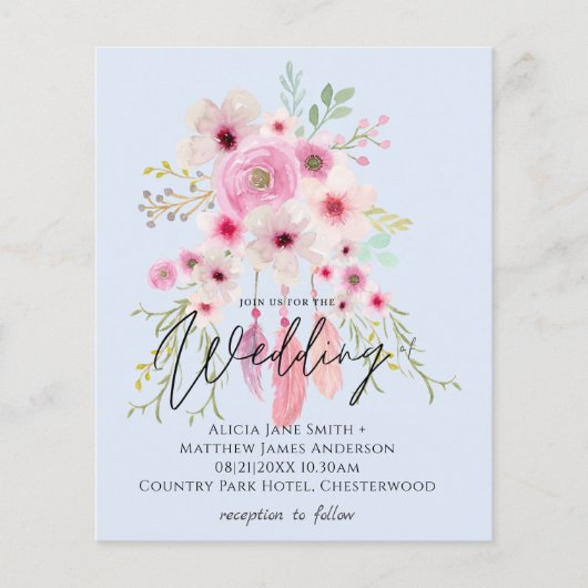 Pink Mauve BOHO Floral Feather Wedding Invitation (Voorkant)