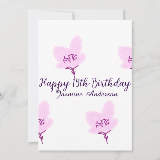 Pink mauve floral 15th birthday quinceanera name d kaart (Voorkant)