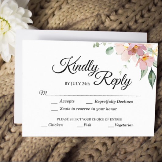 Pink Mauve  Floral Meal Choice Weddenschap RSVP Kaartje