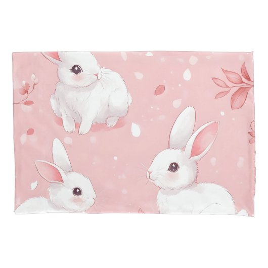 Pink Meadow Bunny Floral Garden Kussensloop (Voorkant)