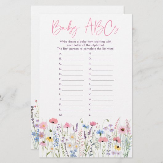 Pink Meadow Wildflowers ABCs Baby shower Game (Voorkant / Achterkant)