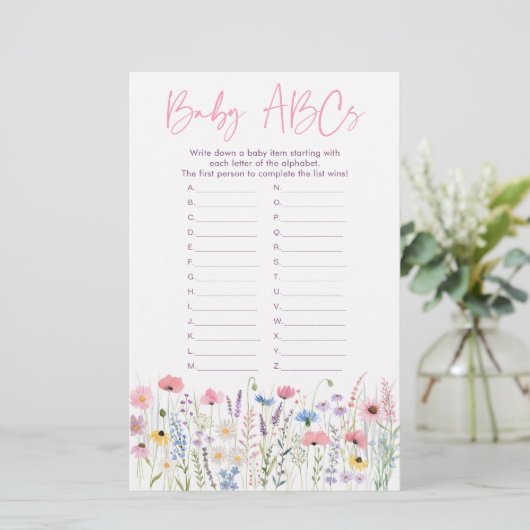 Pink Meadow Wildflowers ABCs Baby shower Game (Staand voorkant)