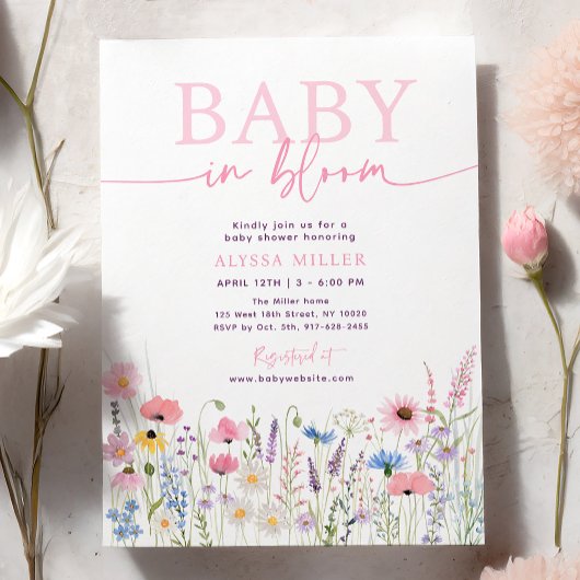 Pink Meadow Wildflowers Baby in Bloom Baby shower Kaart