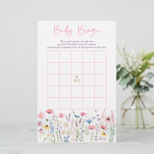 Pink Meadow Wildflowers Baby shower Bingo spel (Staand voorkant)