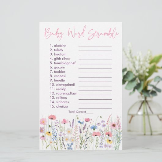 Pink Meadow Wildflowers Baby Word Scramble spel (Staand voorkant)