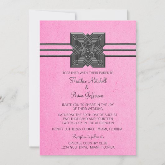 Pink Medallion Border Wedding Invite Kaart (Voorkant)