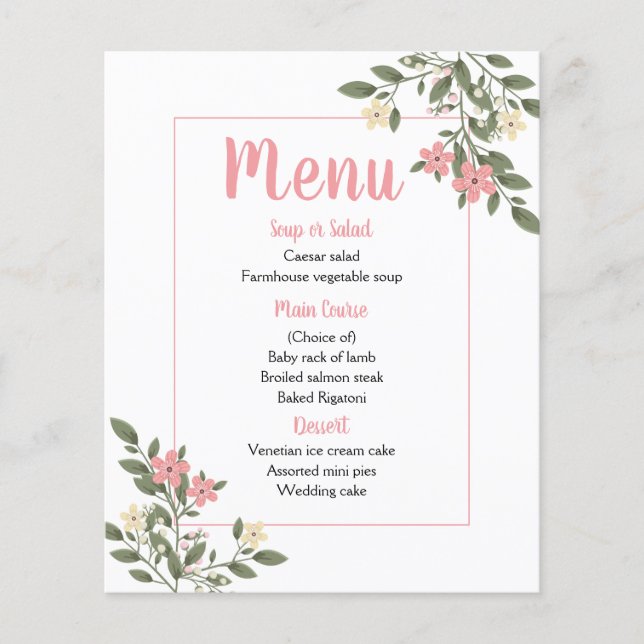 Pink Menu Floral Wedding Flowers Party Botanical (Voorkant)