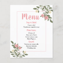 Pink Menu Floral Wedding Flowers Party Botanical