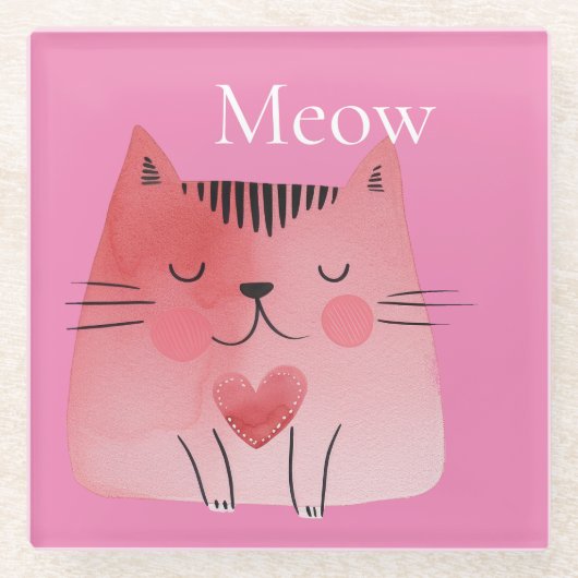 Pink Meow Cat Glazen Onderzetter (Voorkant)